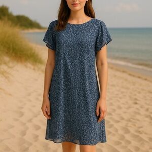 DKNY XS Ditzy Floral Sheer Shift Dress Swim Cover Boho Peasant Modest Fairy